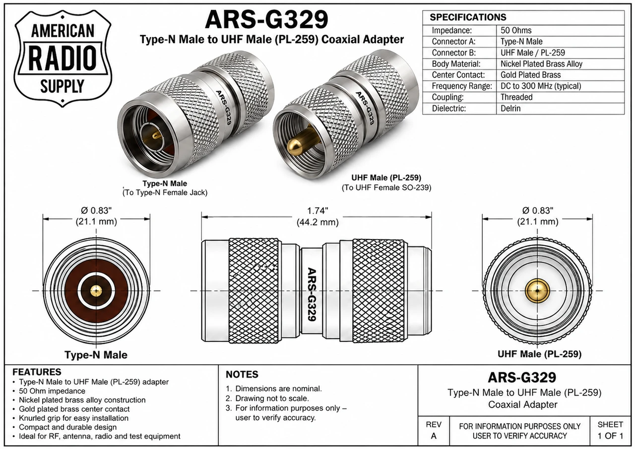Type N Male to UHF Male PL-259 Coaxial Adapter Connector - ARS-G329 RFN