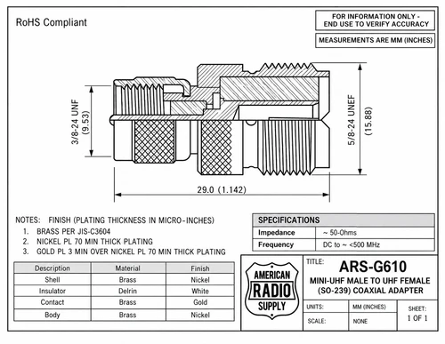 Mini-UHF-Male to UHF-Female Coaxial Adapter Connector