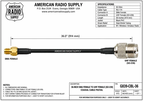 36-Inch - SMA Female to UHF Female (SO-239) Coaxial Cable – G839-CBL-36