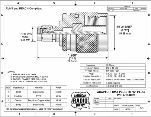 SMA-Male to Type N-Male Plug Coaxial Adapter Connector - ARS-G823
