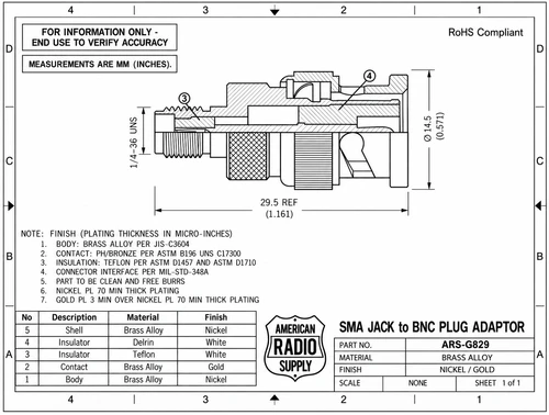 BNC-Male Plug to SMA-Female Jack RF Coaxial Connector Adapter - ARS-G829