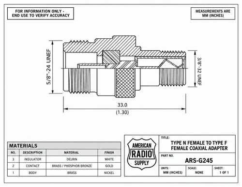 Type N Female to Type F Female Jack Coaxial Adapter - ARS-G245