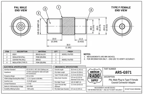 PAL Male Plug to Type F Female Coaxial Connector Adapter - ARS-G971