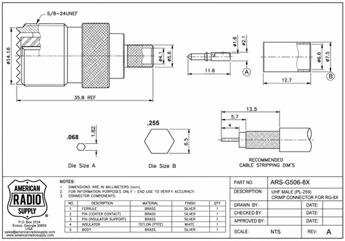 UHF-Female SO239 Cable End Crimp Connector RG-8X Coaxial Cable - G506-8X