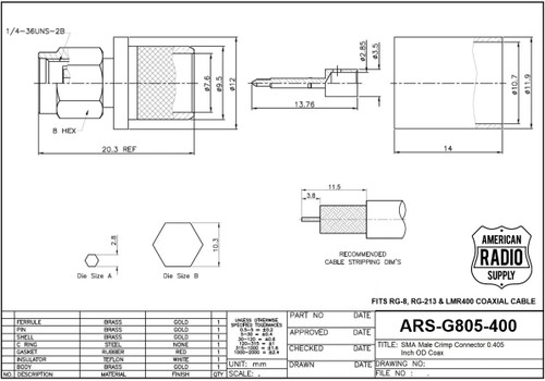 SMA-Male Coaxial Crimp Connector for LMR400 RG-8 and RG- 213 Cable