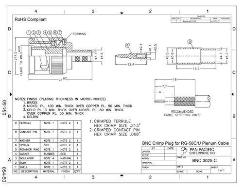BNC-Male Dual Crimp Plug Coaxial Connector RG-58C/U Plenum BNC-3025-C