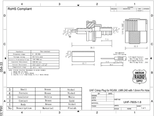LMR240 & RG-8X - PL-259 UHF Male Coaxial Crimp Connector - UHF-7605-L240