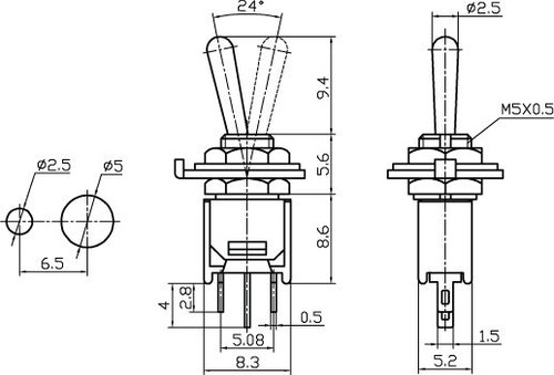 Sub Mini On/On SPDT Toggle Switch 3P 3A 125VAC - P/N CES-66-1002