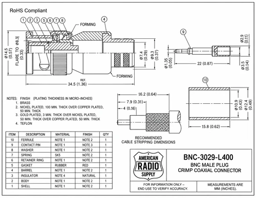 LMR400 BNC Male Plug Dual Crimp Coaxial Cable Connector - BNC-3029-L400