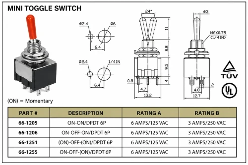Mini Toggle Switch On/Off/On DPDT 6P 6A 125VAC - P/N CES-66-1255