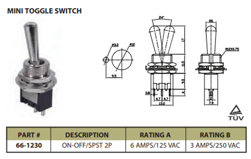 Mini Toggle Switch On/Off SPDT 2P 6A 125VAC - P/N CES-66-1230