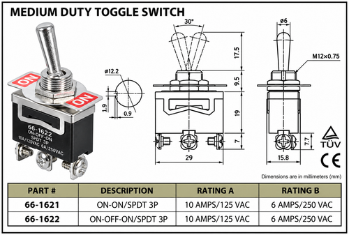 Medium Duty Toggle Switch On/Off/On SPDT 3P 10A 125VAC - 66-1622