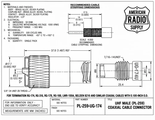 PL-259 / UG-174 - UHF Male Cable Plug Coaxial Connector - Silver Teflon