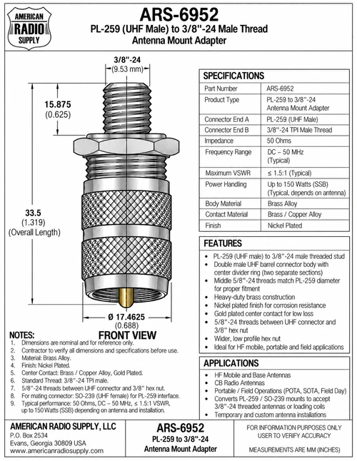 PL-259 to 3/8" x 24 Thread Stud Antenna Mount Adapter - ARS-6952