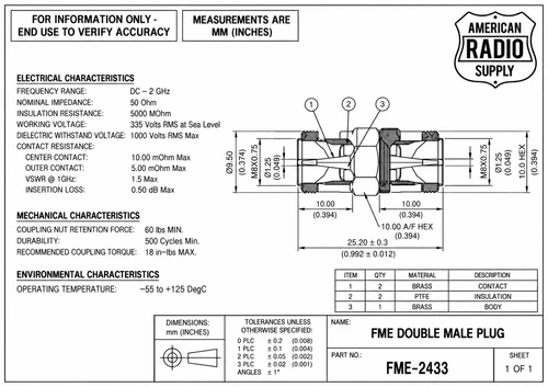 FME Double Male Plug Barrel Coaxial Connector Adapter Coupler - FME-2433