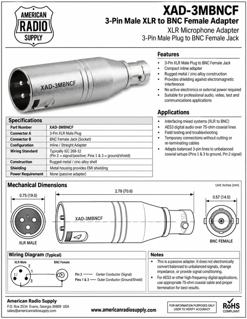 3-Pin - Male Plug to BNC-Female - XLR Microphone Adapter - XAD-3MBNCF