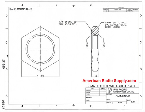 Nickel Plated Hex Nut for SMA-Female Connector - SMA-HN8-N1