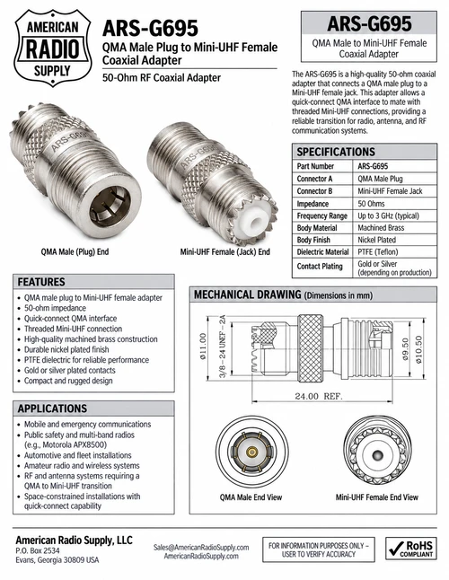 QMA Male Plug to Mini-UHF Female RF Coaxial Connector Adapter - ARS-G695