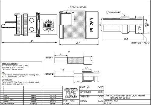 PL-259 / UG-176 Silver Teflon Coaxial Connector for RG-59