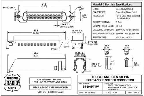 Telco Centronics 50-pin Reverse Right-Angle Solder Connector 55-50M/T-RV
