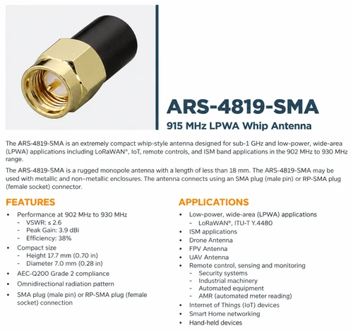 915 MHz - Ultra Compact Stubby Style LPWA IoT ISM Antenna - ARS-4819-SMA
