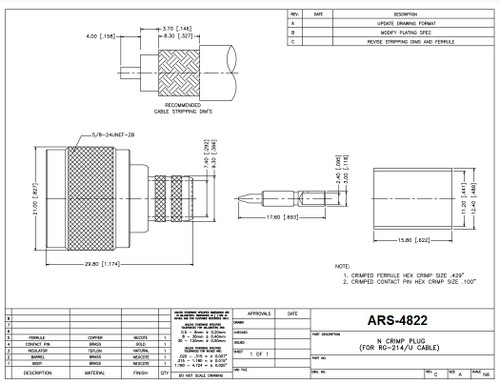 Type N Male Plug Crimp Connector for RG-214 225 Coaxial Cable - ARS-4822