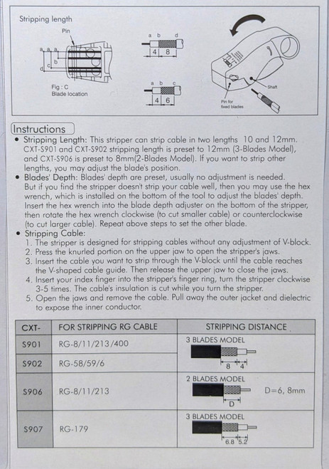 CXT-S902A - 3 Blade Coaxial Cable Stripper RG-8X LMR240 RG-58/59 RG-6