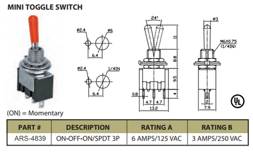 Mini On/Off/On SPDT Toggle Switch 3P 6A 125VAC - ARS-4839