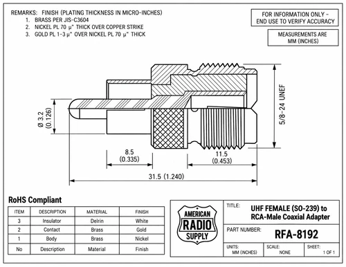UHF-Female SO-239 to RCA-Male Plug Coaxial Adapter - RFA-8192