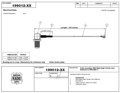 MHF4 Jack to SMA Female RA Bulkhead 0.81 Coax Cable 2.55" - 199012-2.56