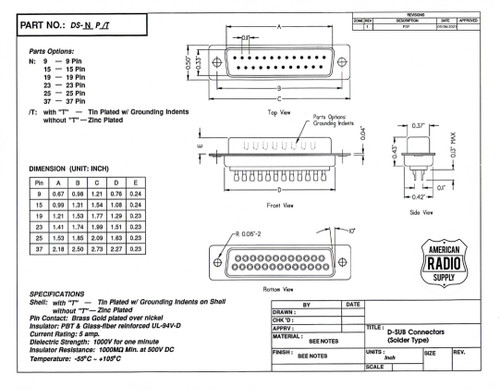 D-SUB 37 Pin Connector with Solder Cup Zinc Shell - DP-37P