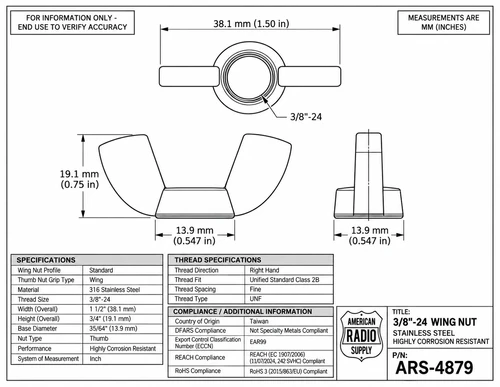 3/8"-24 Wing Nut Stainless Steel Highly Corrosion Resistant - ARS-4879