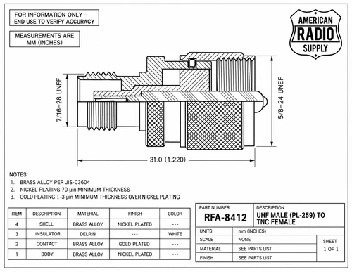 UHF-Male PL-259 to TNC-Female Jack Coaxial Adapter Connector - RFA-8412