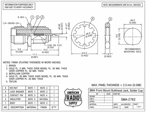 SMA Female Feed-Through Bulkhead Connector (SMA-2762)