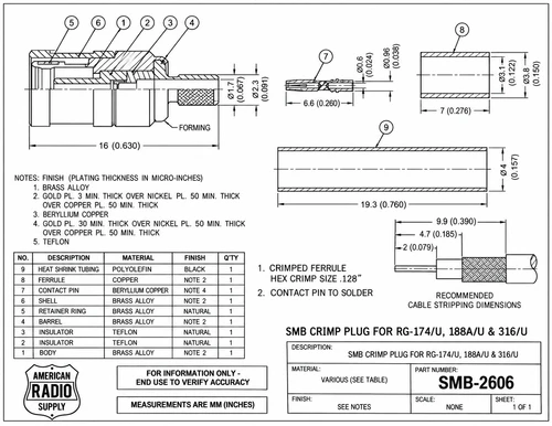 SMB Straight Plug Crimp Cable Connector RG-174 RG-316 LMR100 - SMB-2606
