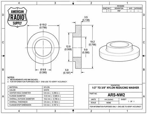 1/2" to 3/8" Reducing Washer for 3/8-24 Threaded Base Antennas - ARS-NW2