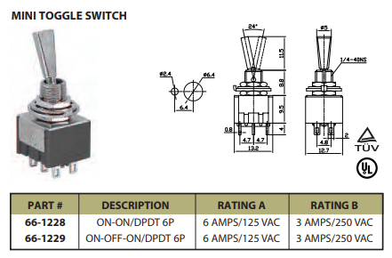 Mini Toggle Switch On/Off/On DPDT 6P 6A 125VAC - P/N CES-66-1229