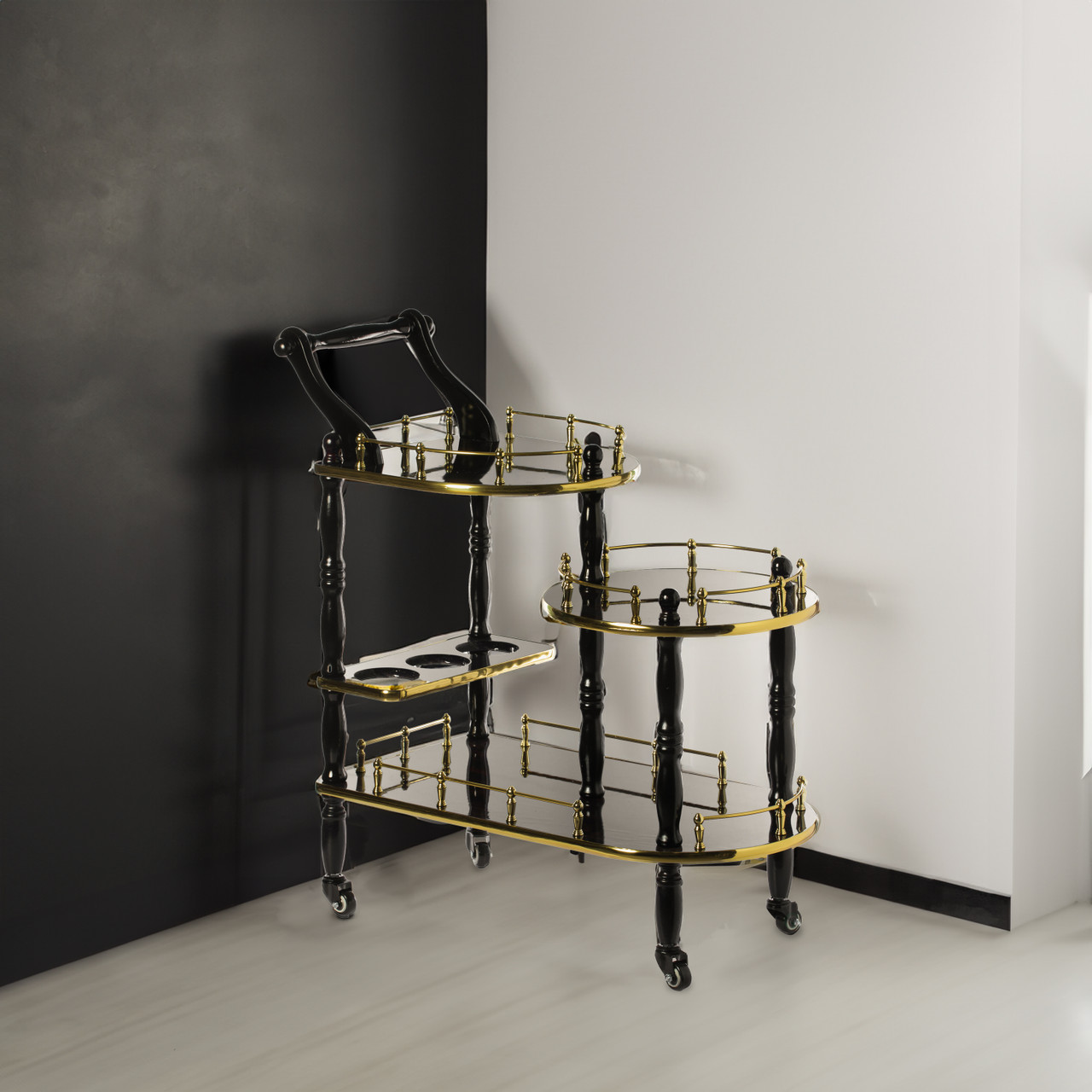 Wood Serving Bar Cart Tea Trolley with 2 Tier Shelves and Rolling Wheels - Thumbnail 2