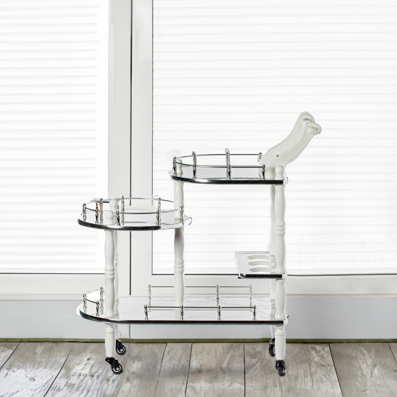 Wood Serving Bar Cart Tea Trolley with 2 Tier Shelves and Rolling Wheels - Thumbnail 4