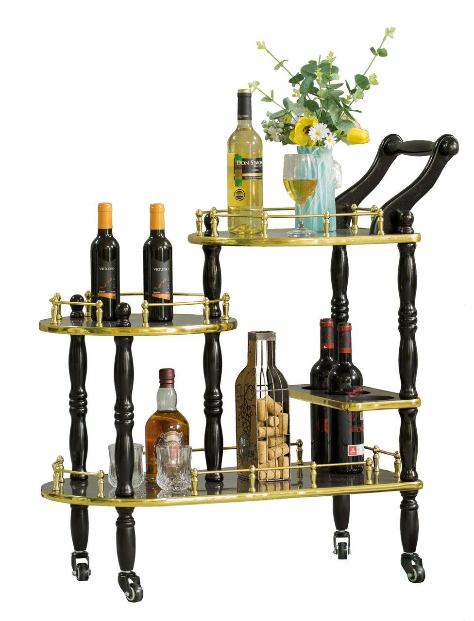 Wood Serving Bar Cart Tea Trolley with 2 Tier Shelves and Rolling Wheels - Thumbnail 5