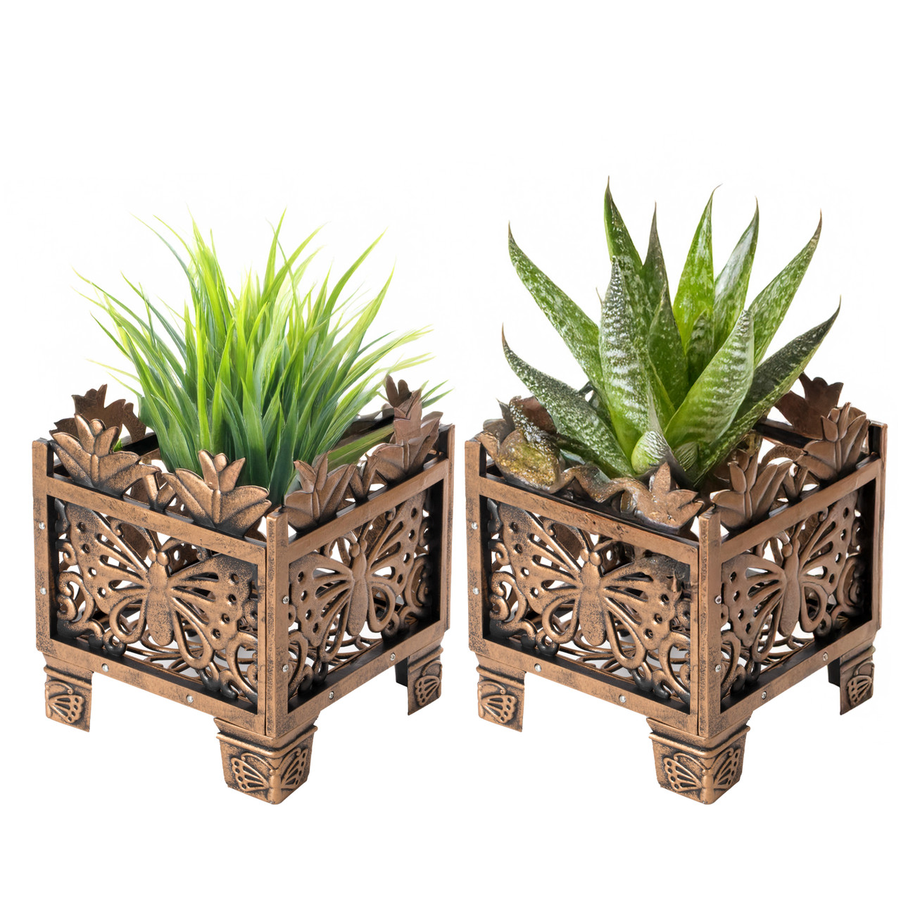 Gardenised Set of 2 Outdoor Living Butterfly Square Plant Stand, Flower Planting Pot, Antique Bronze