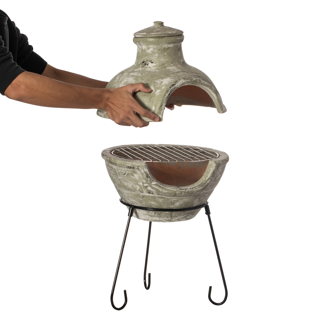 Outdoor Beige Clay Chimenea BBQ Grill Fire Pit Accent Design and Metal Stand - Thumbnail 4
