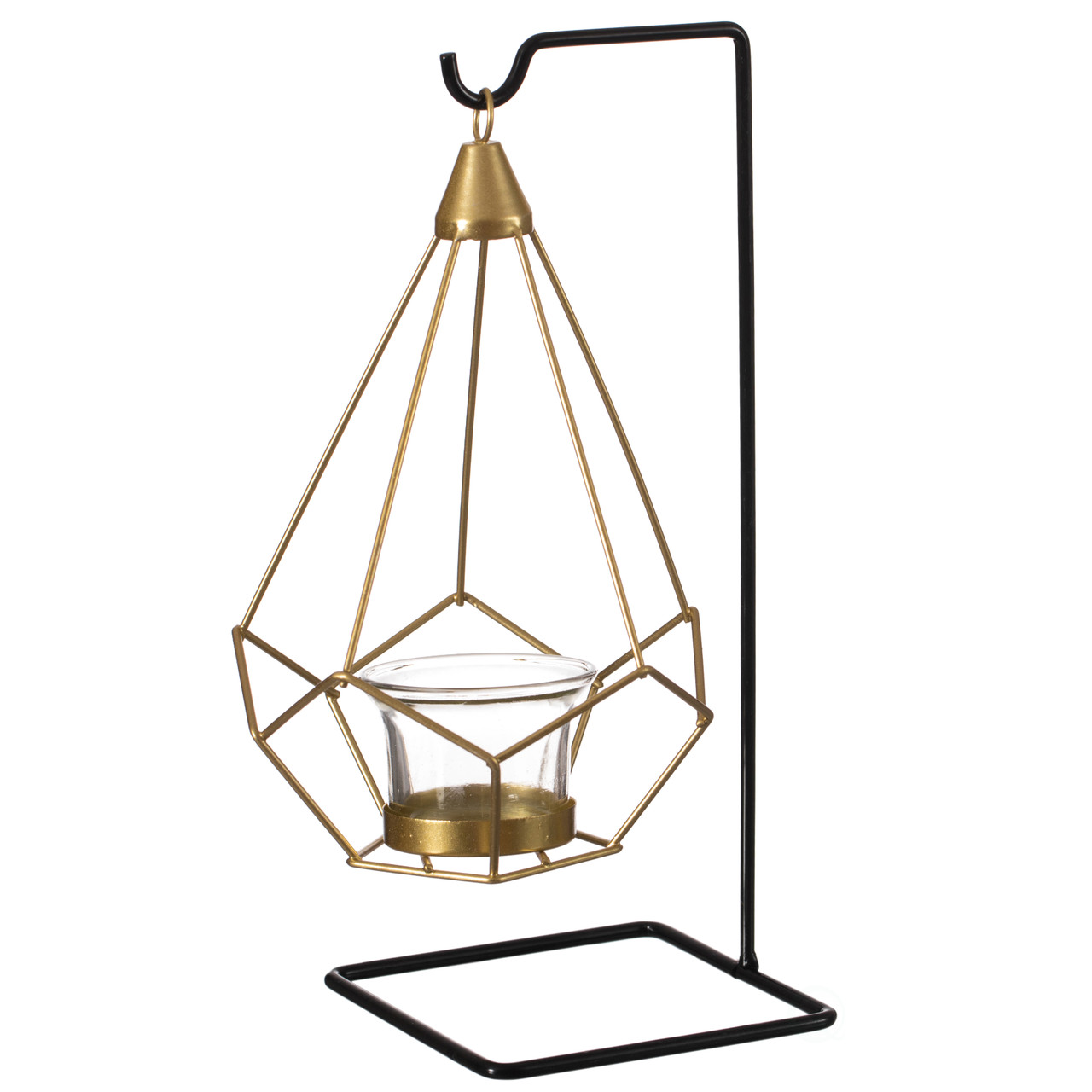 Fabulaxe QI004337 Geometric Framed Swinging Votive Candle Holder Decorative Modern Hanging Lantern Tabletop Centerpiece, Gold