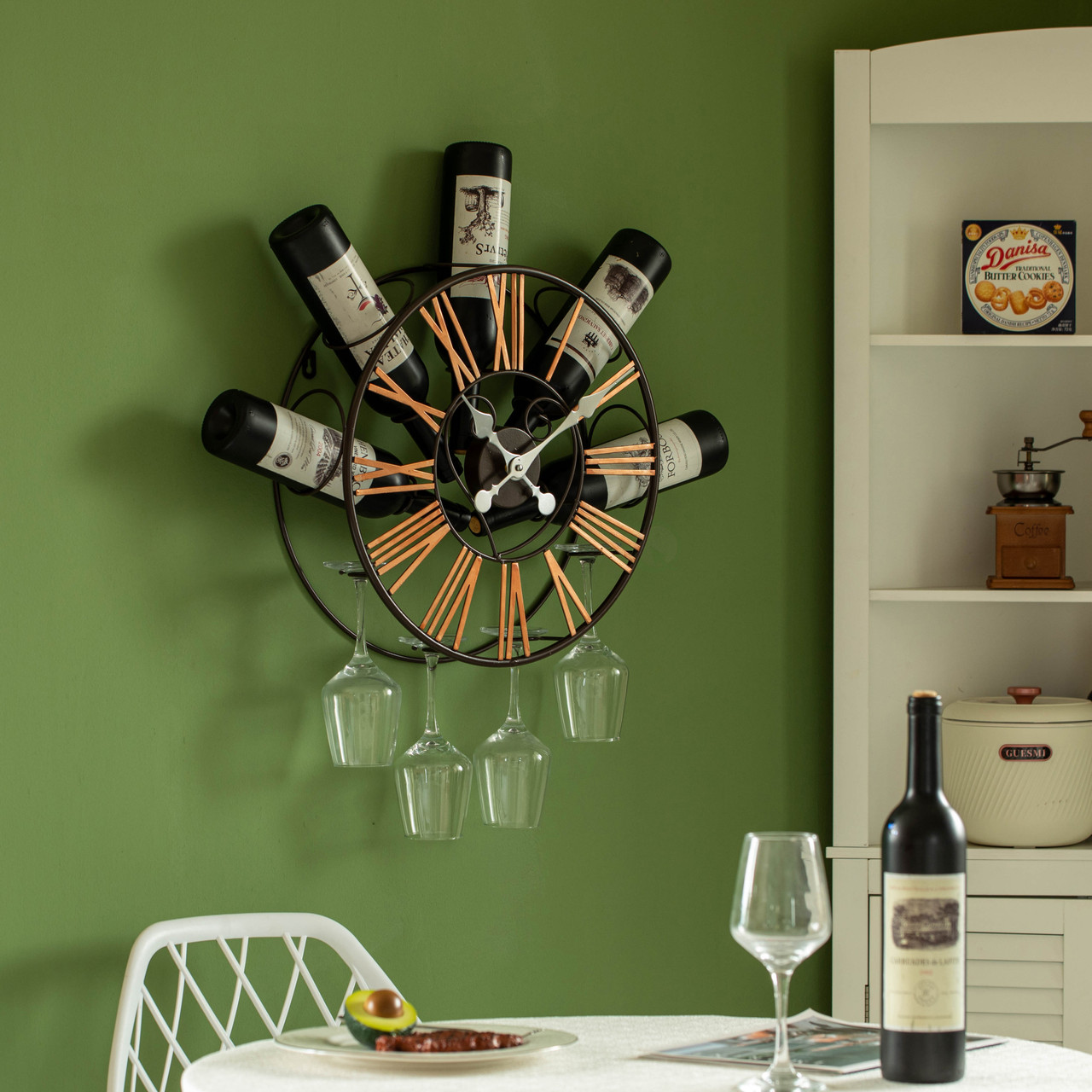 Vintiquewise Wall-Mounted Clock Design Wine Holder with Stemware Rack - Unique Shelf for Champagne, White & Red Wine Organizer with 4 Glass Holders