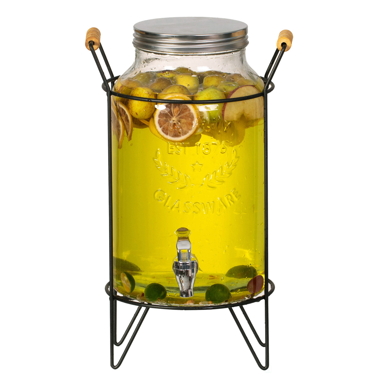 Basicwise 1.6-Gallon Glass Drink Dispenser with Stainless Steel Spigot – Water and Juice Container, Lemonade Stand, Beverage Dispenser for Parties,