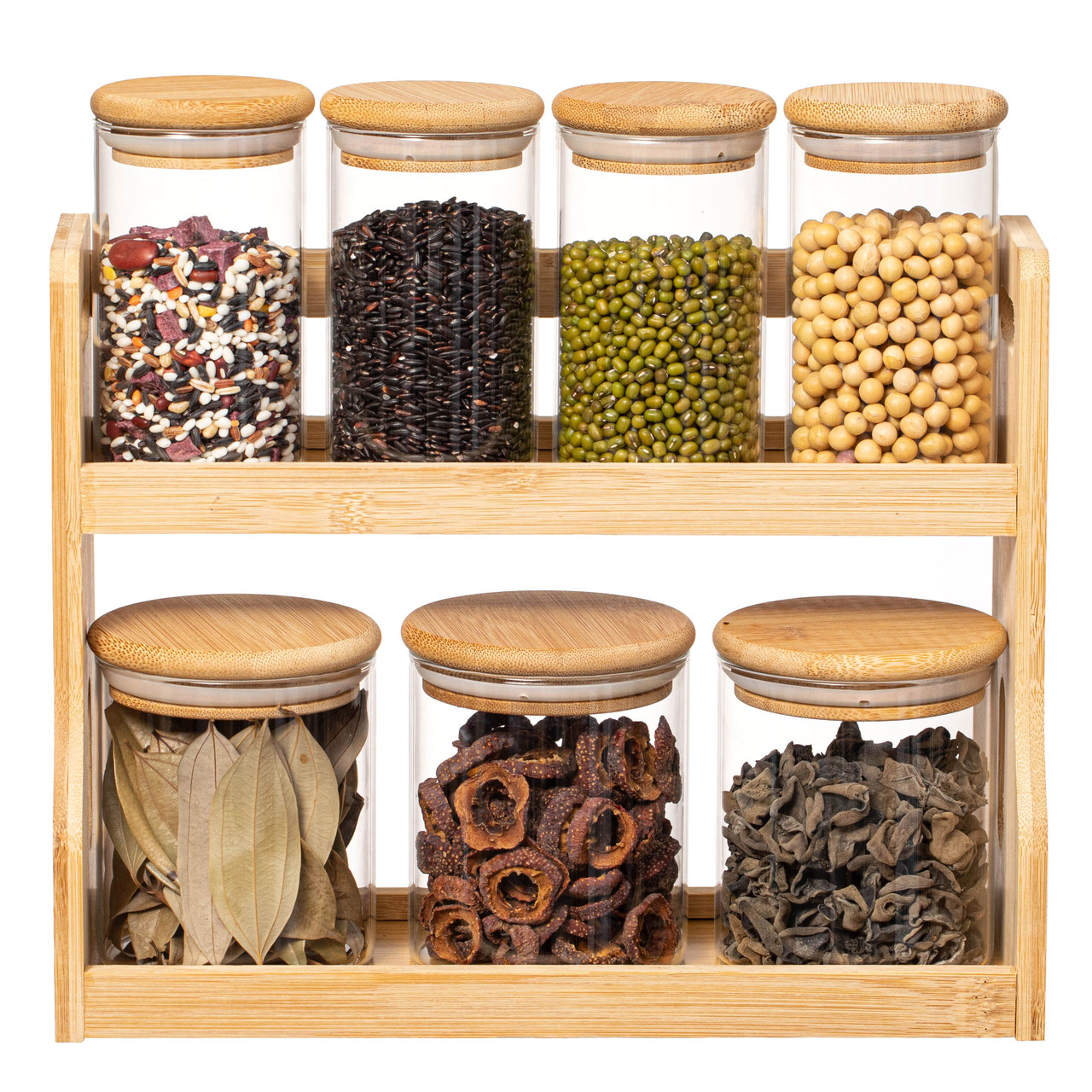Basicwise Versatile Set of Bamboo Spice Rack and Glass Jars with