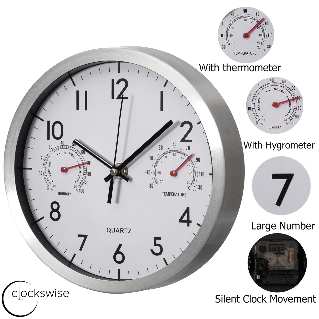 Clockswise Non-Ticking Quartz Wall Clock with Thermometer