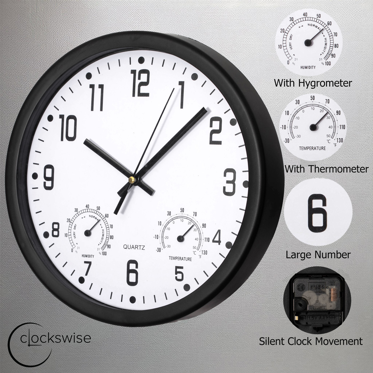 Clockswise Non-Ticking Quartz Wall Clock with Thermometer