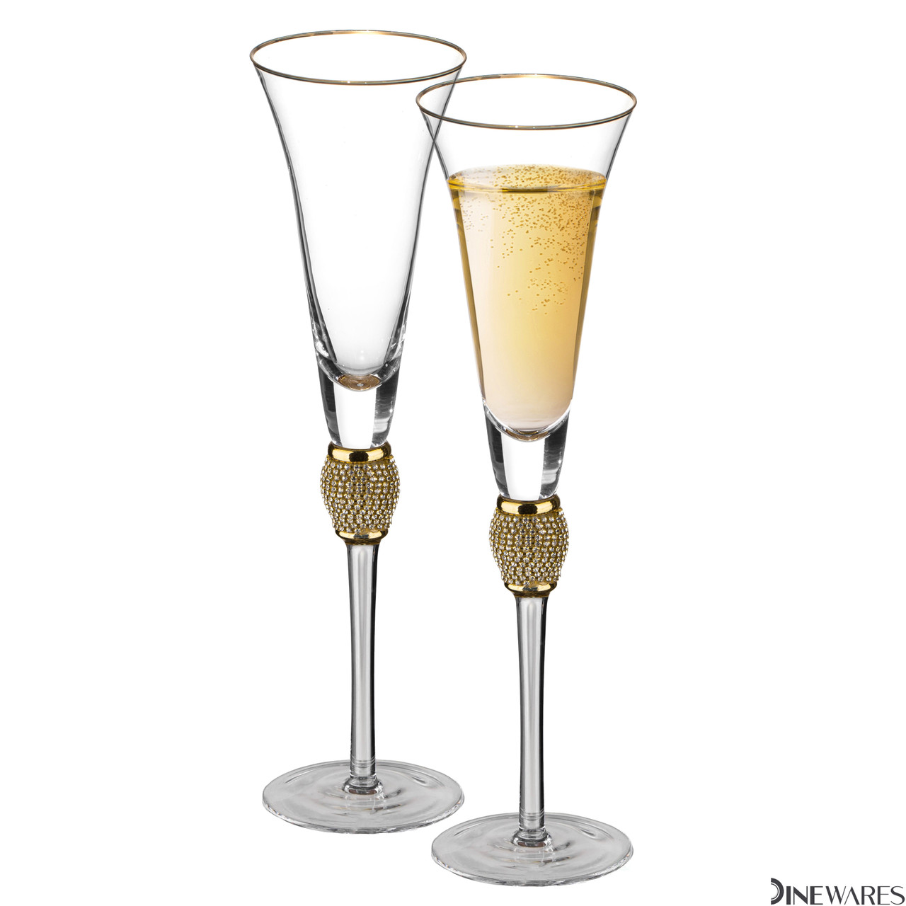Elegant Crystal Set Wedding Champagne Glasses with Diamond Rhinestone  Accents and a Polished Gold Rim