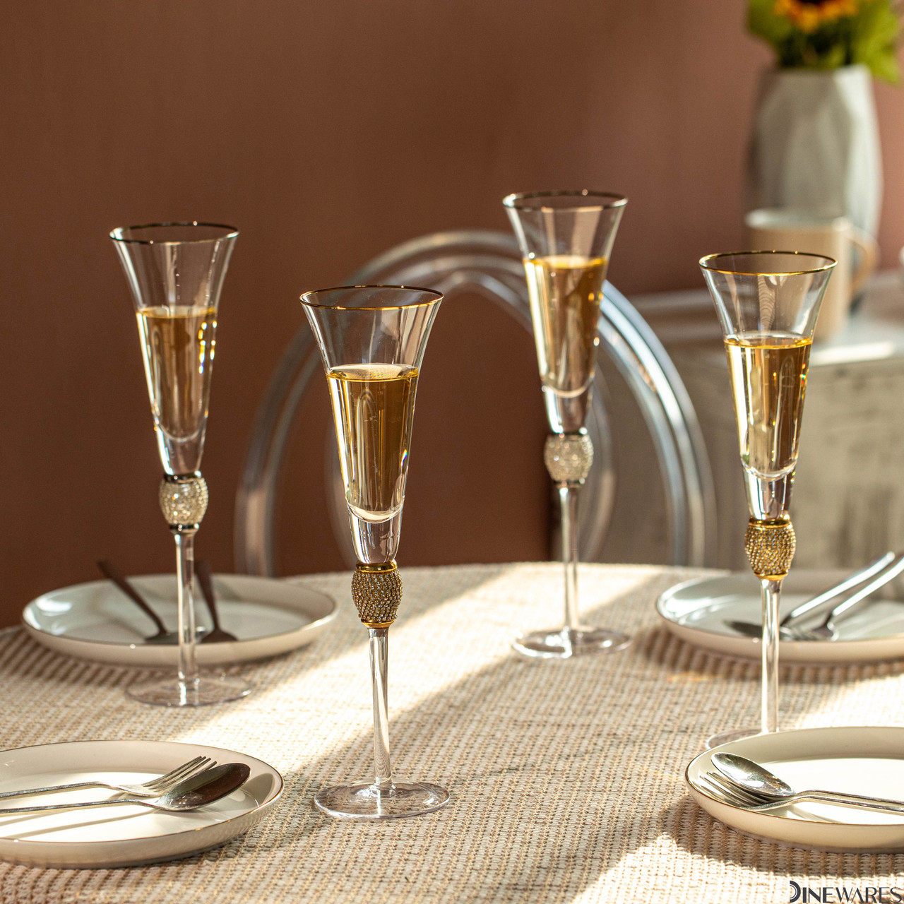 Elegant Crystal Set Wedding Champagne Glasses with Diamond Rhinestone Accents and a Polished Rim - 11 in Tall, 7 oz - Silver - 2 Piece